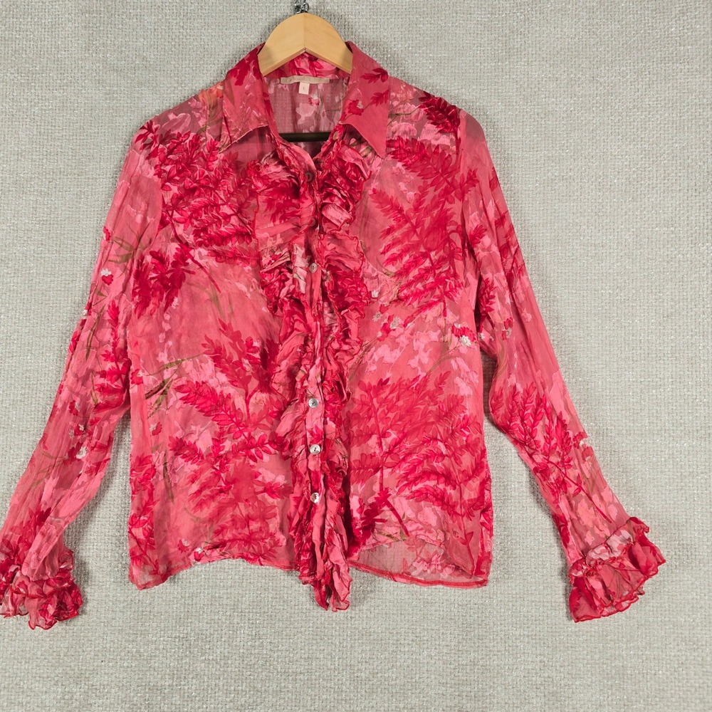 Issue Pink Red Silk Blend Ruffle Fern Print Sheer Blouse L Long Sleeve Button Up